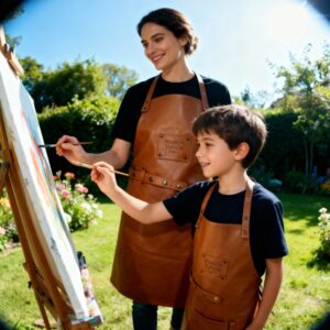 Enfant en tablier Maison Tanör Paris peignant avec sa mère dans un jardin fleuri