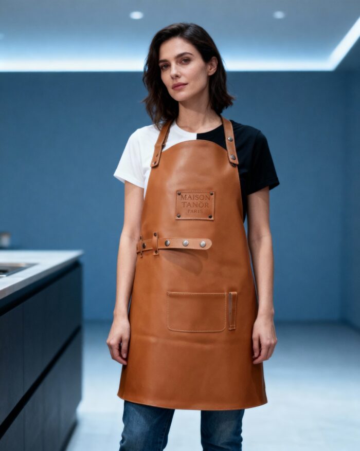 femme qui porte un tablier cuir maison tanör paris 2