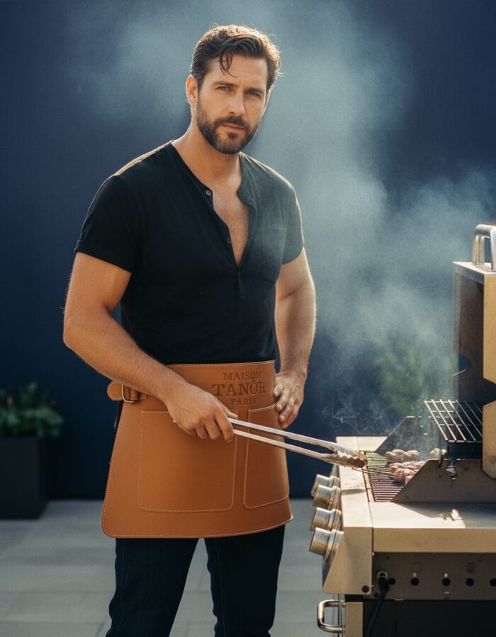 gros plan homme barbecue avec demi tablier cuir maison tanör paris 4