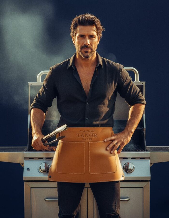 gros plan homme barbecue avec demi tablier cuir maison tanör paris 2