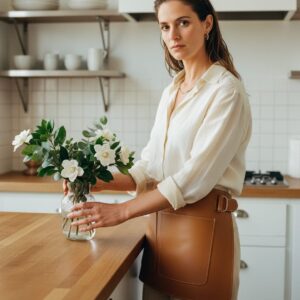 gros plan femme avec demi tablier cuir maison tanör paris 5