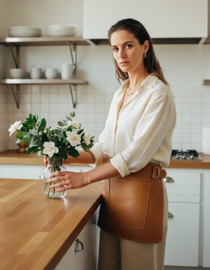 gros plan femme avec demi tablier cuir maison tanör paris 5