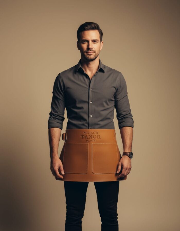 gros plan homme avec demi tablier cuir maison tanör paris
