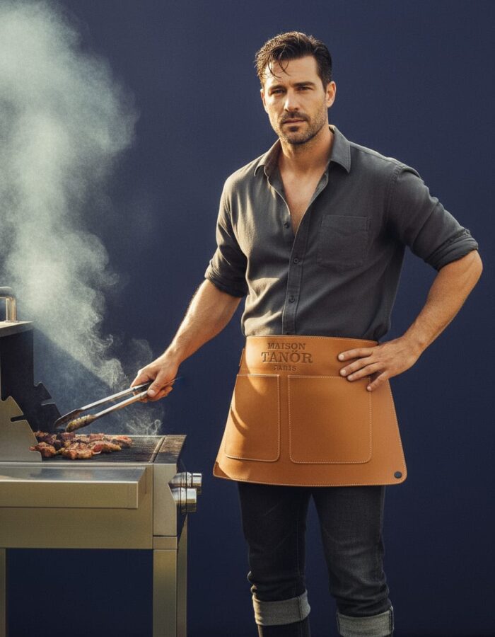 gros plan homme barbecue avec demi tablier cuir maison tanör paris