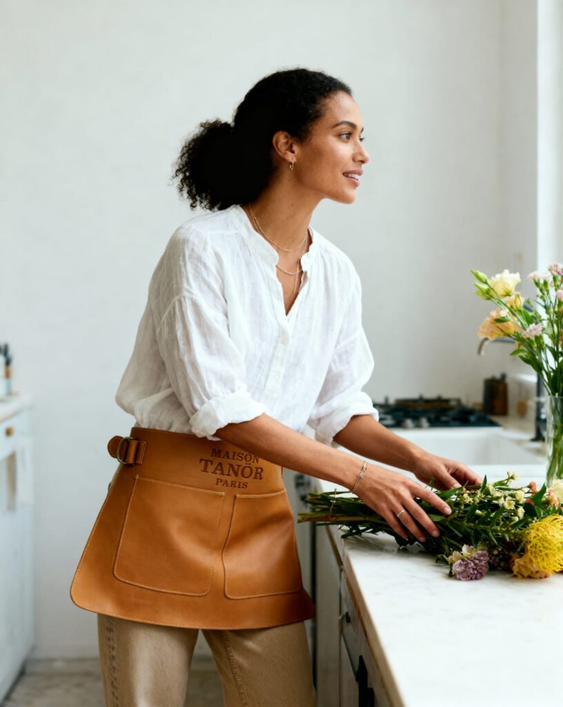 gros plan jolie femme cuisine avec demi tablier cuir maison tanör paris 5