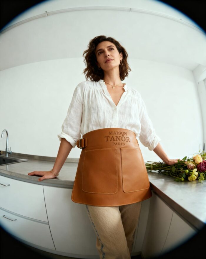 gros plan jolie femme cuisine avec demi tablier cuir maison tanör paris 4