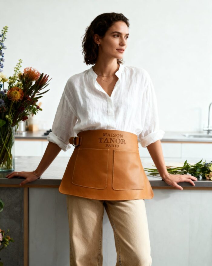 jolie femme cuisine avec demi tablier cuir maison tanör paris 4