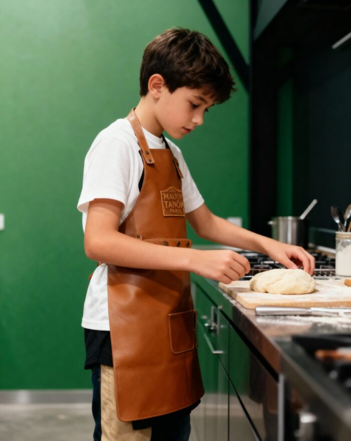 petit garçon avec tablier cuir maison tanör paris
