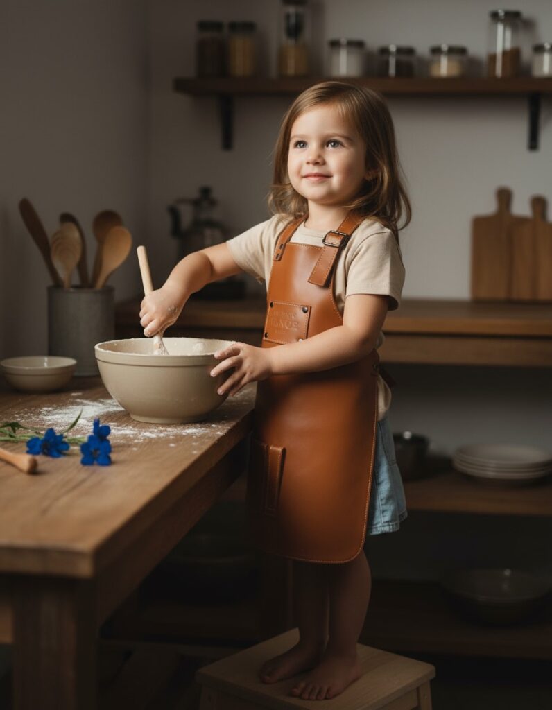 petite fille avec tablier cuir maison tanör paris