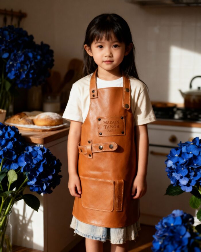 enfant fille avec tablier cuir maison tanör paris
